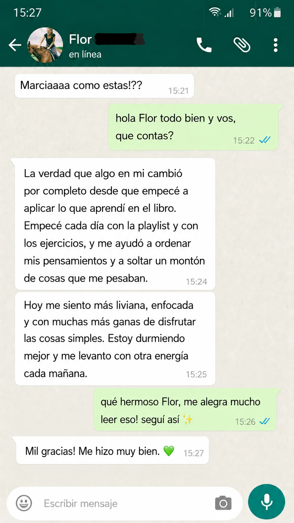 Testimonio de Flor por WhatsApp sobre el libro y sus ejercicios