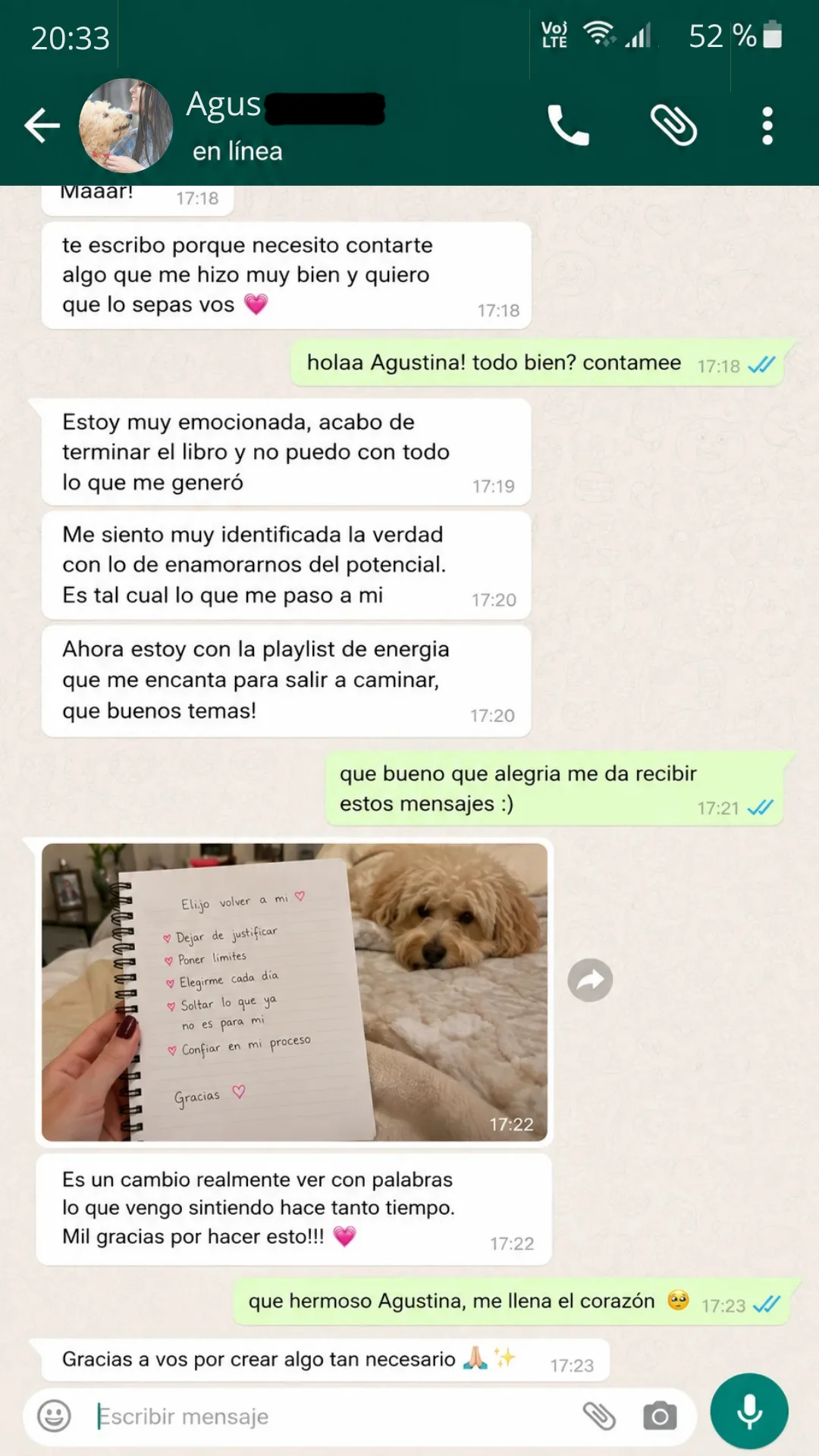 Testimonio de Agustina por WhatsApp sobre el libro y sus ejercicios
