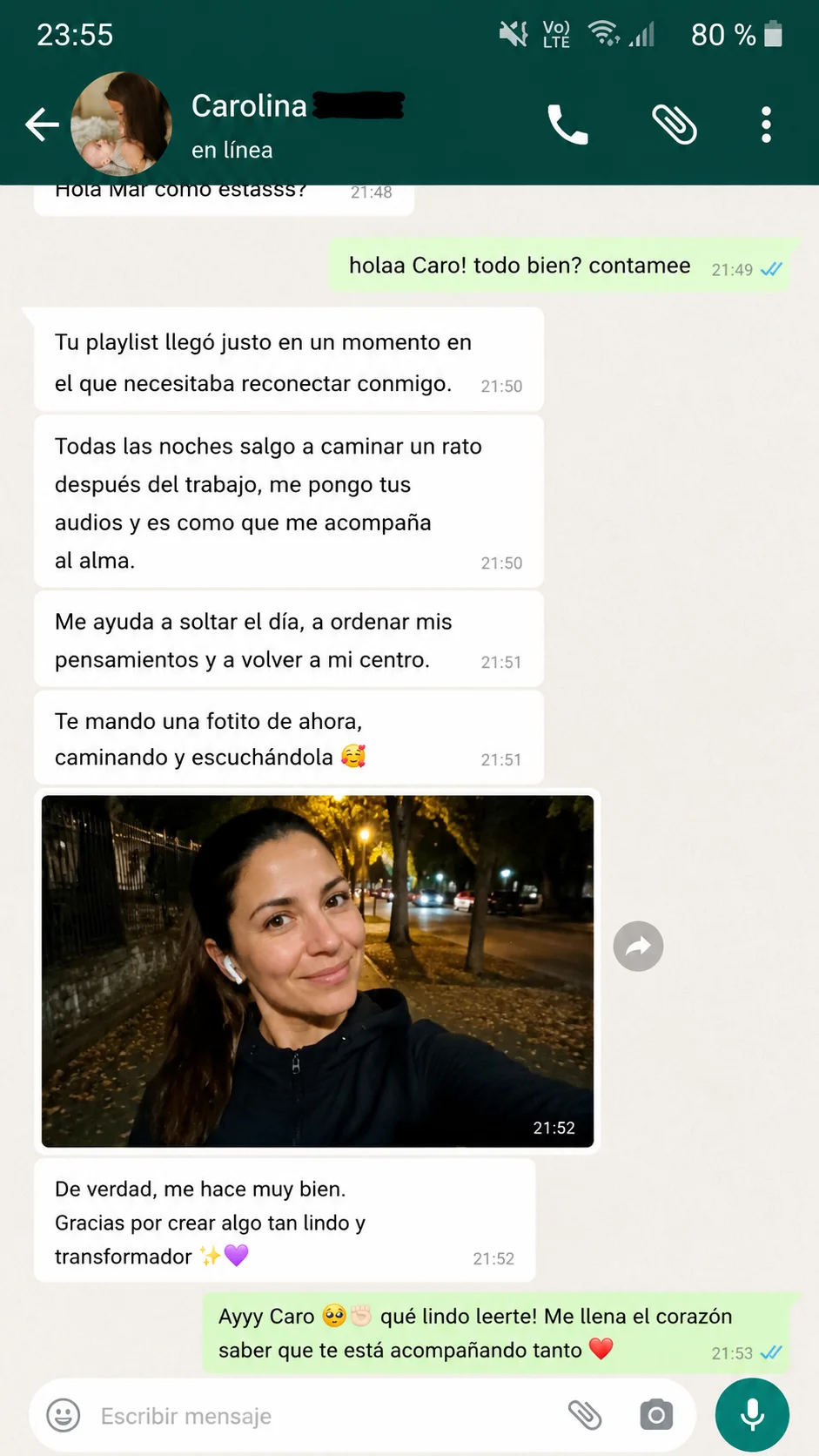 Testimonio de Carolina por WhatsApp sobre sus caminatas nocturnas